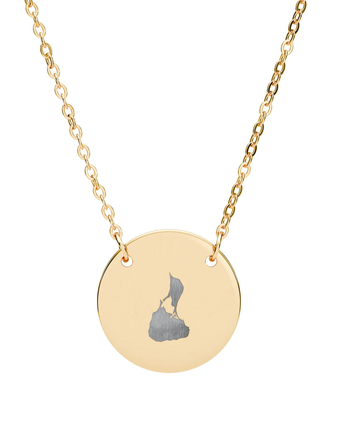 18K Gold PVD coating Block Island gift necklace, round pendant engraved with the Block Island map shape on its chain