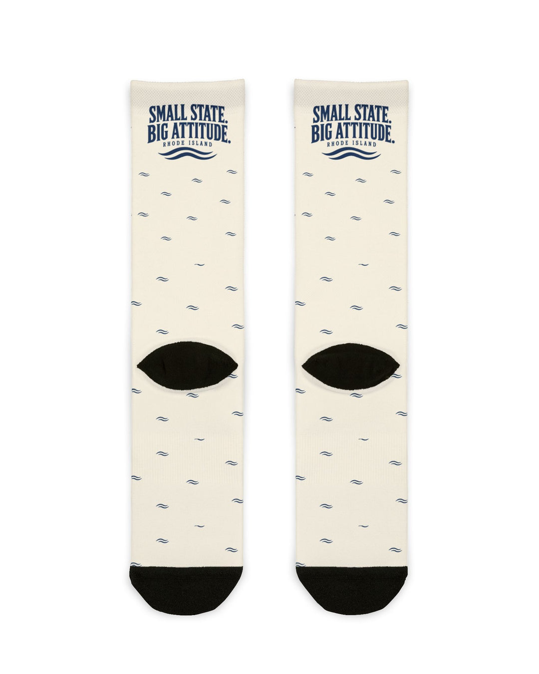 Back flat lay of white Small State. Big Attitude. Rhode Island crew socks showing black heels and navy waves