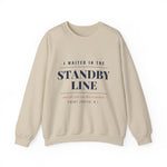 BlockBoundRI I Waited in the Standby Line Rhode Island sweatshirt in sand with black lettering, front flat lay