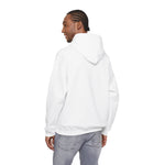 Back of a man in jeans wearing the white Missed the Ferry. Nailed Happy Hour. hoodie, plain back panel