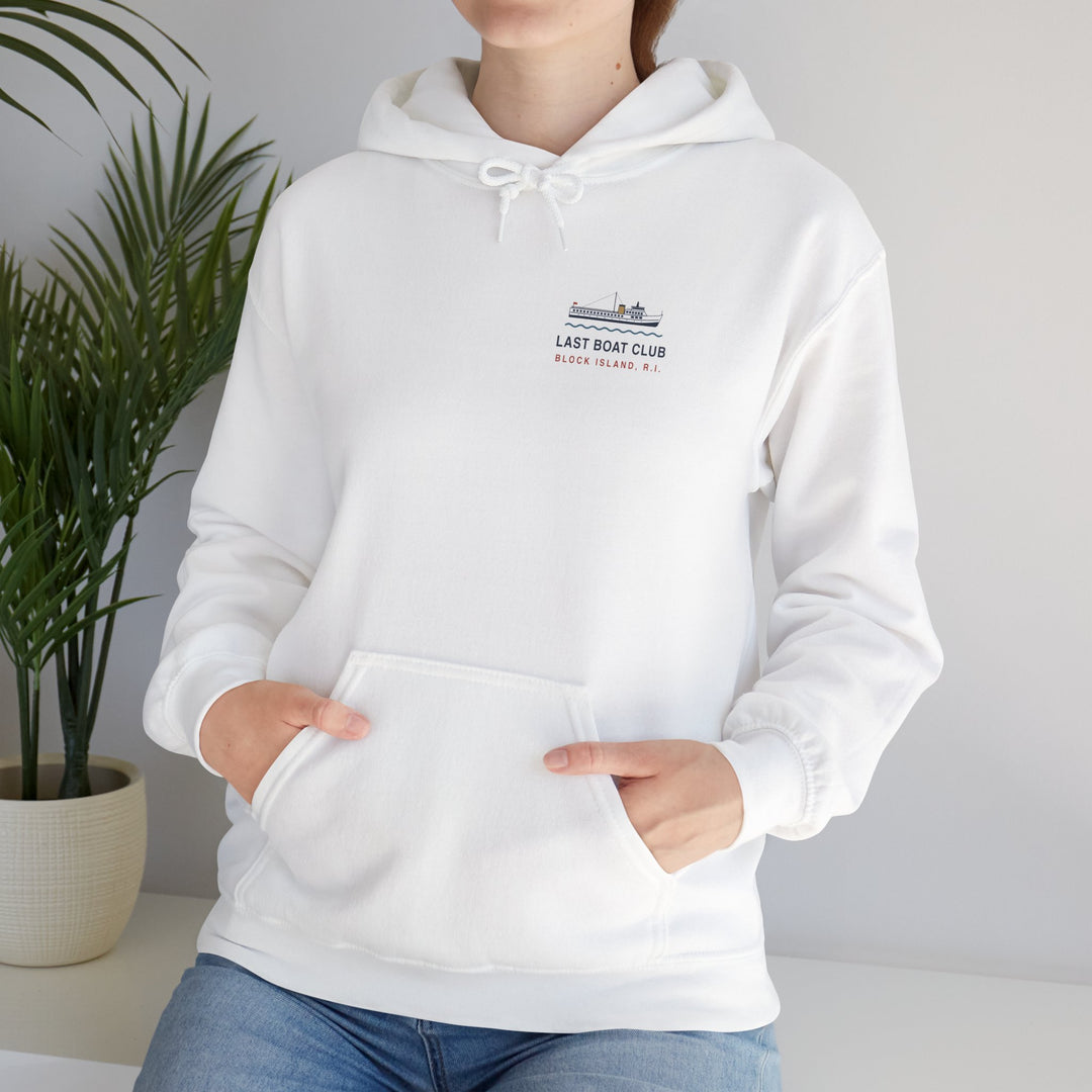 Last Boat Club hoodie: M/V BLOCK ISLAND ferry against a striped sunset, Block Island R.I. — view 9