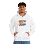 Man in jeans with hands in the pocket of the white Missed the Ferry. Nailed Happy Hour. Block Island sweatshirt