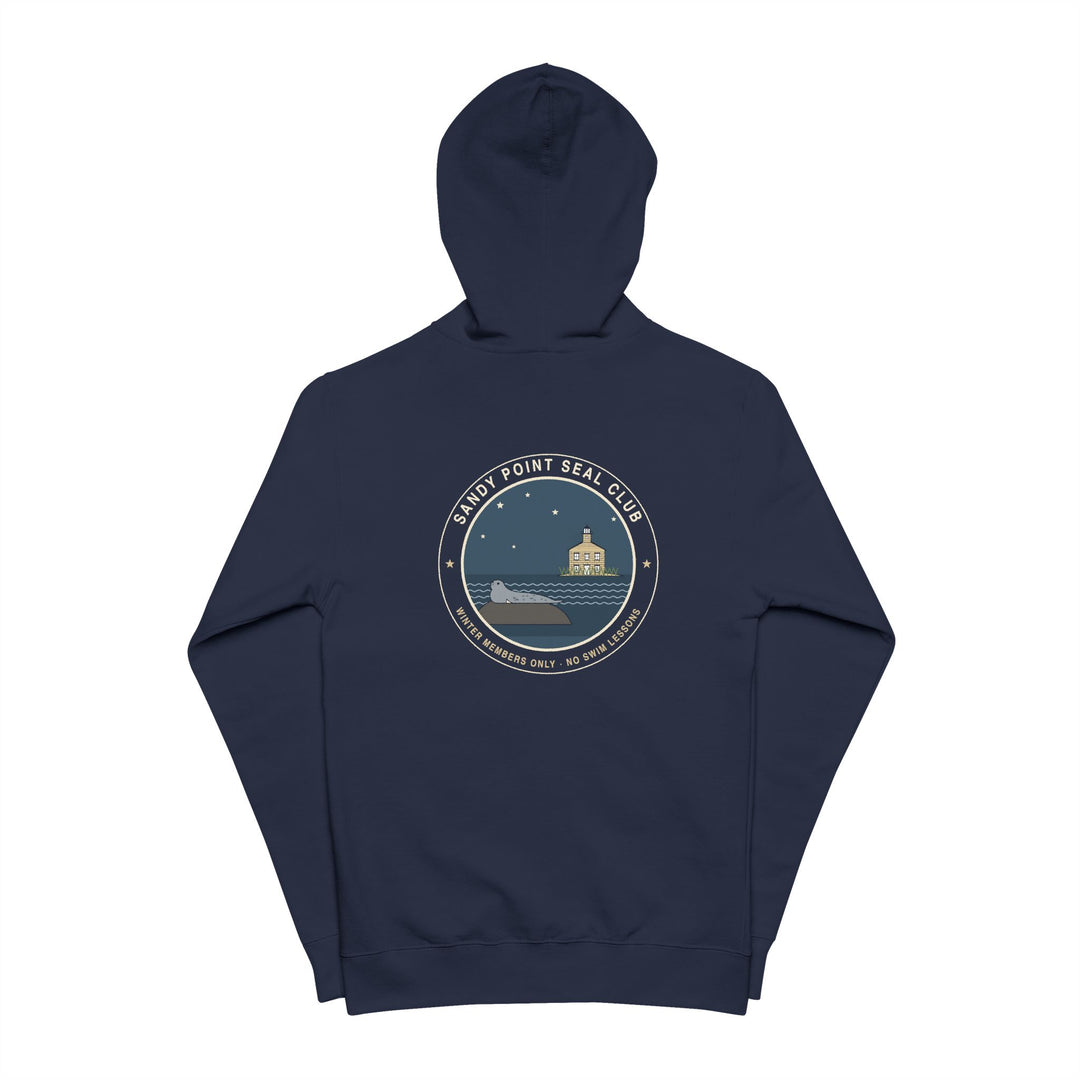 Sandy Point Seal Club zip hoodie back: grey seal on a rock with North Light, Block Island, in a round badge — view 3