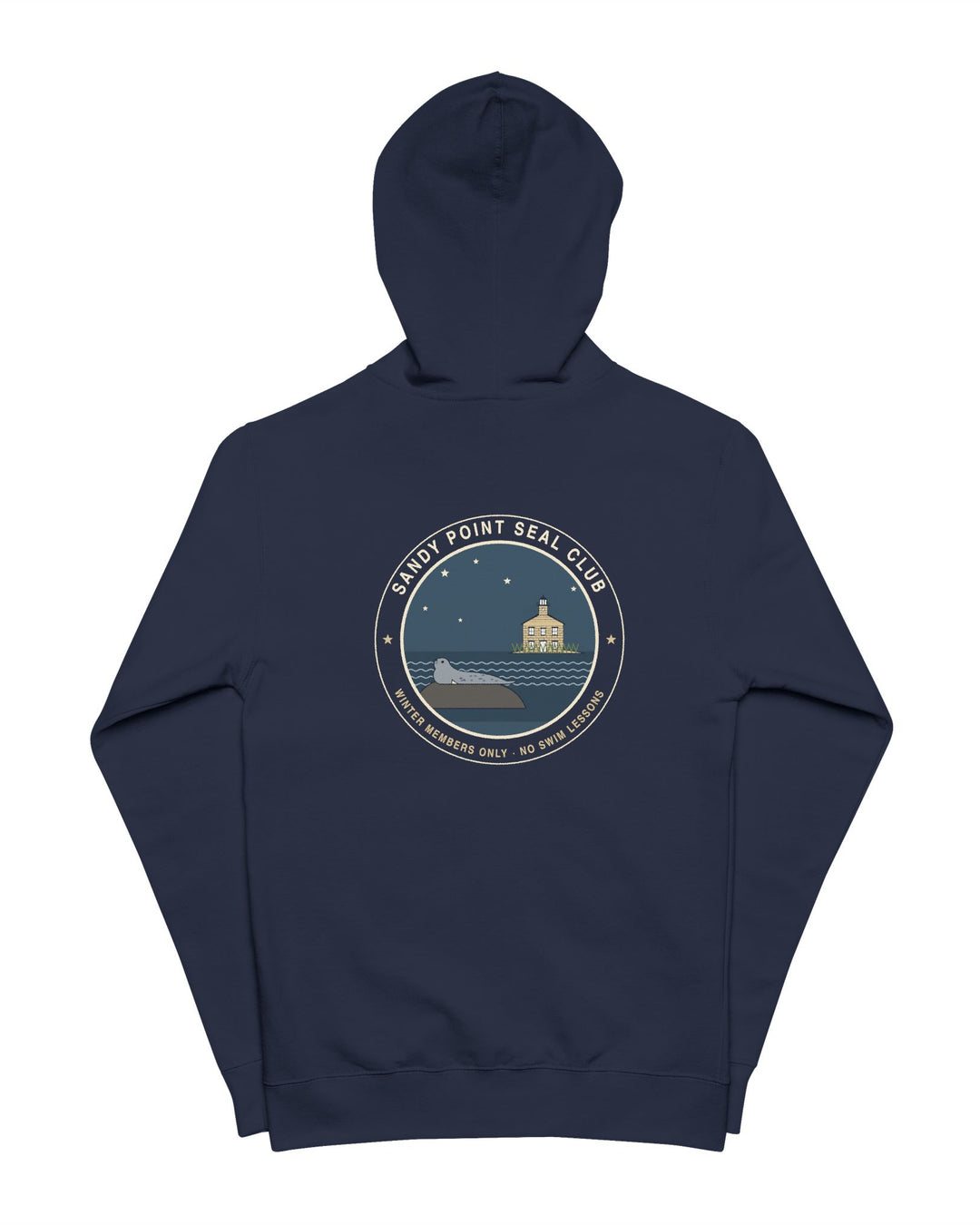 Sandy Point Seal Club zip hoodie back: grey seal on a rock with North Light, Block Island, in a round badge — view 3