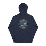 Sandy Point Seal Club zip hoodie back: grey seal on a rock with North Light, Block Island, in a round badge — view 3