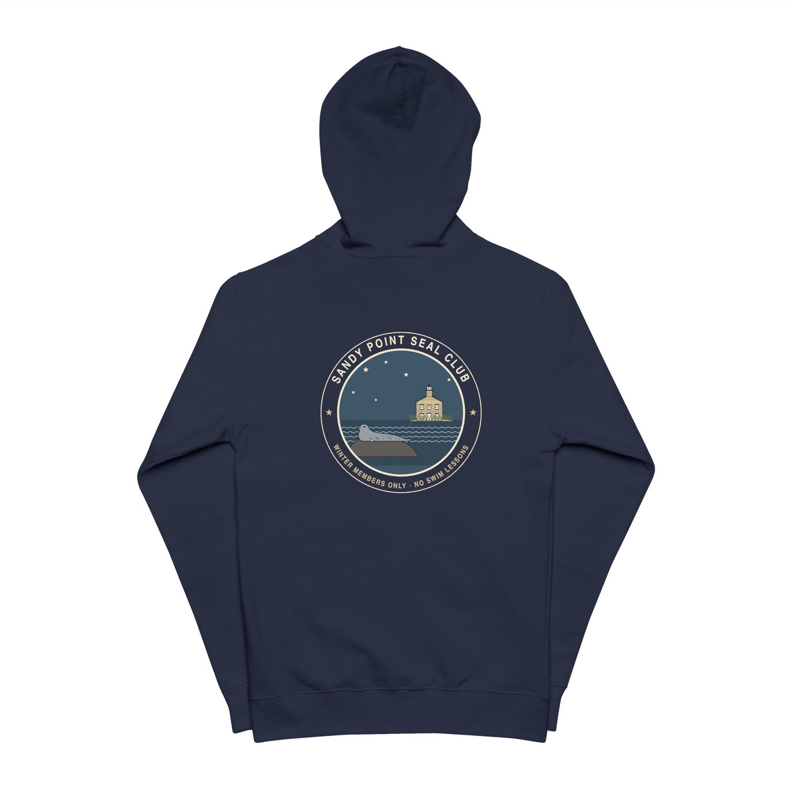 Sandy Point Seal Club zip hoodie back: grey seal on a rock with North Light, Block Island, in a round badge — view 3