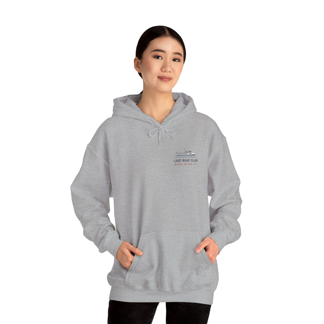 Last Boat Club hoodie: M/V BLOCK ISLAND ferry against a striped sunset, Block Island R.I. — view 37