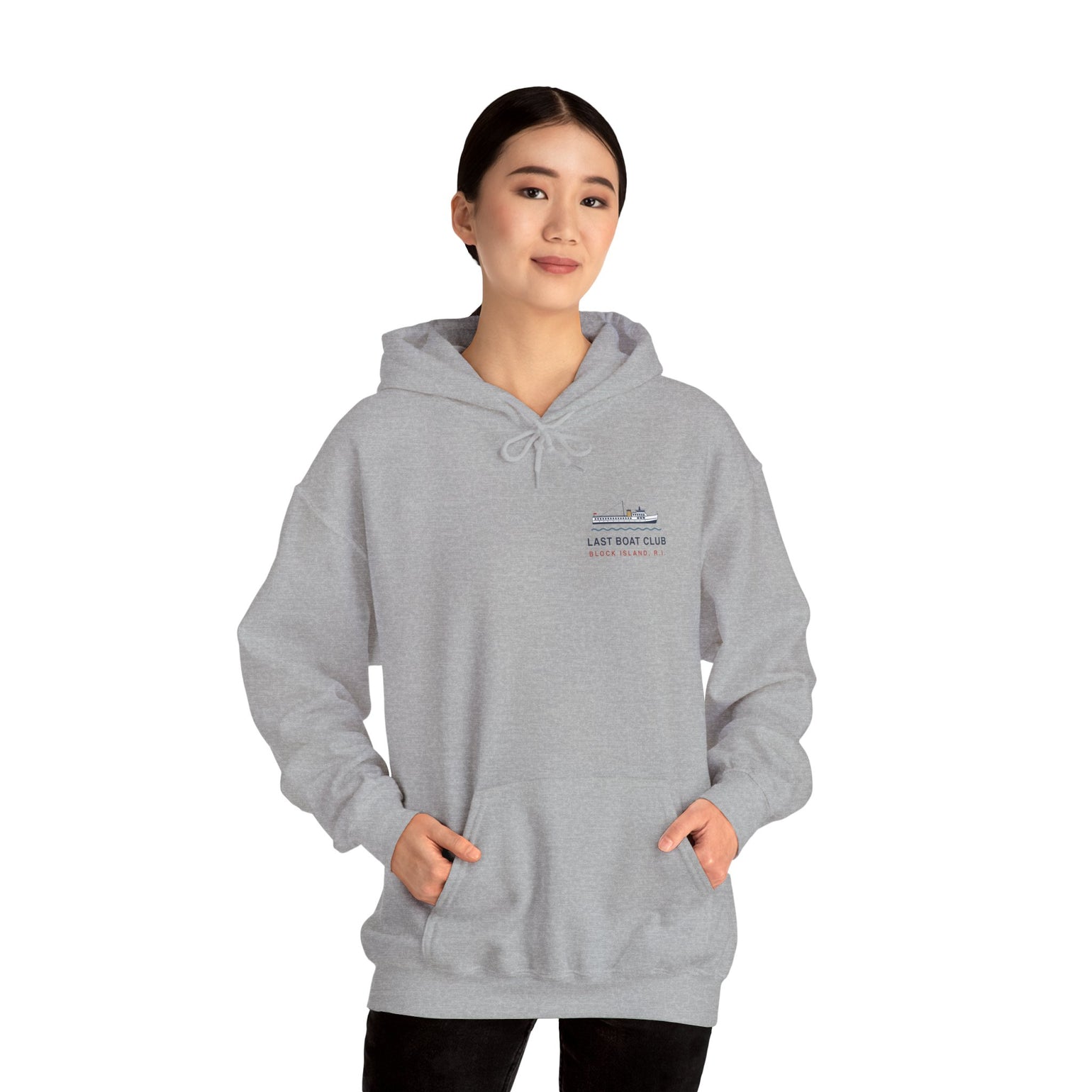 Last Boat Club hoodie: M/V BLOCK ISLAND ferry against a striped sunset, Block Island R.I. — view 37