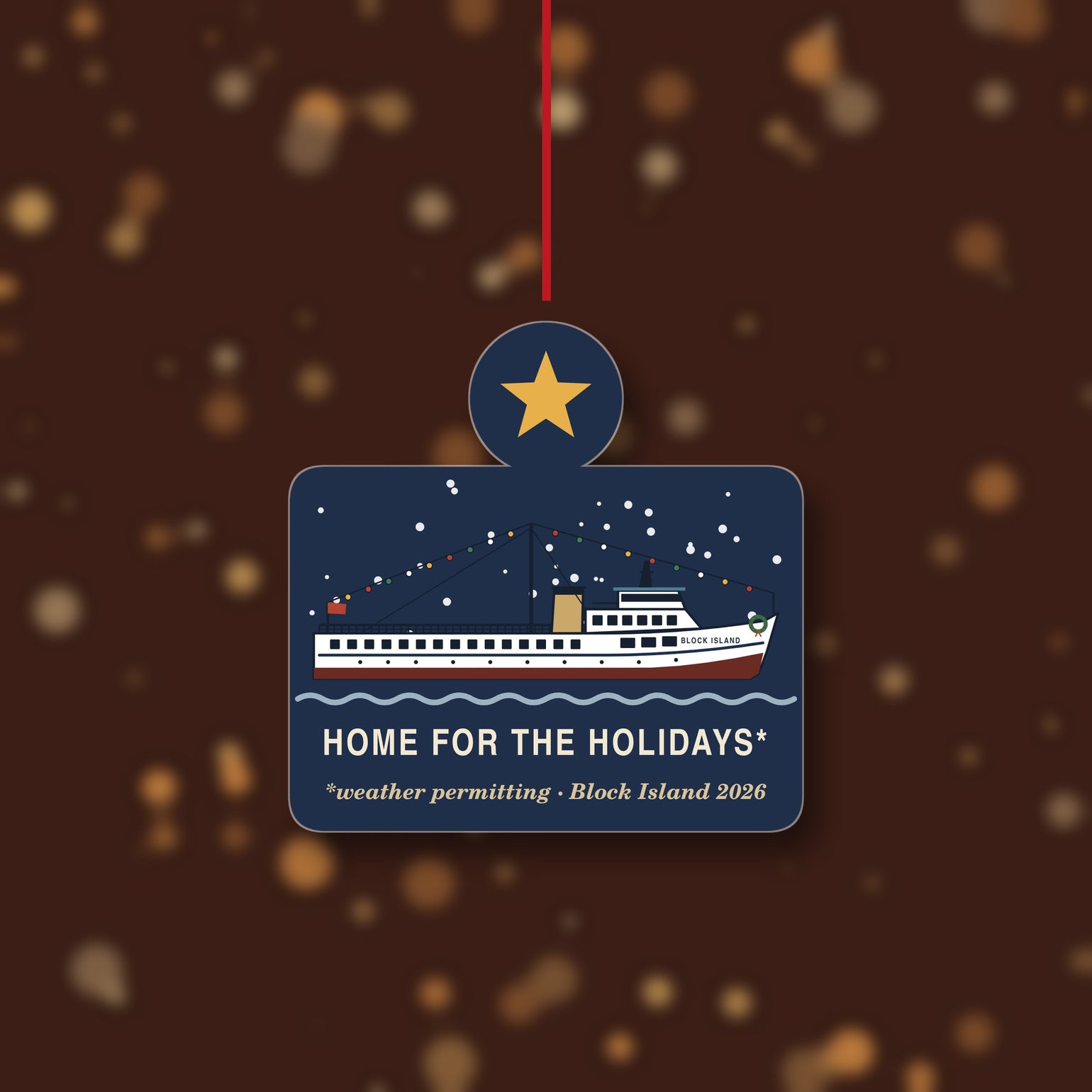 Home for the Holidays ferry ornament: M/V BLOCK ISLAND with holiday lights and wreath, Block Island 2026 — view 4