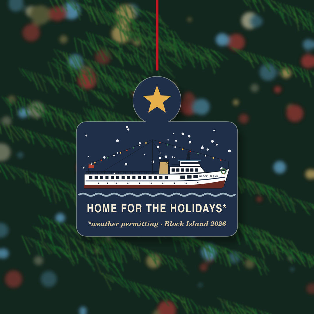 Home for the Holidays ferry ornament: M/V BLOCK ISLAND with holiday lights and wreath, Block Island 2026 — view 3