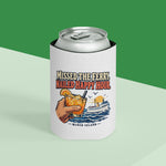 White Block Island gift can cooler on a can against a green and mint backdrop, cocktail and ferry print