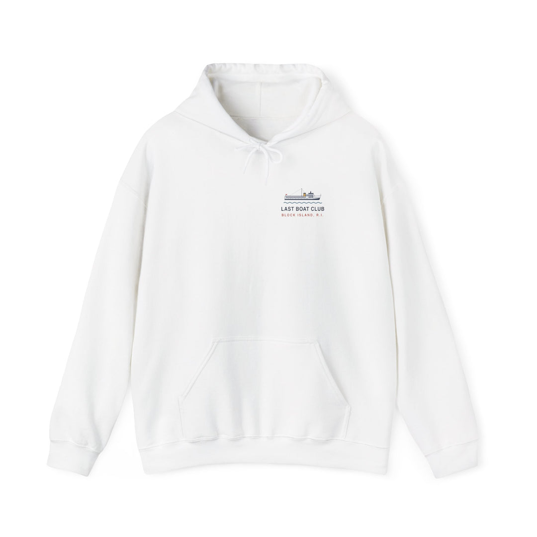 Last Boat Club hoodie: M/V BLOCK ISLAND ferry against a striped sunset, Block Island R.I.
