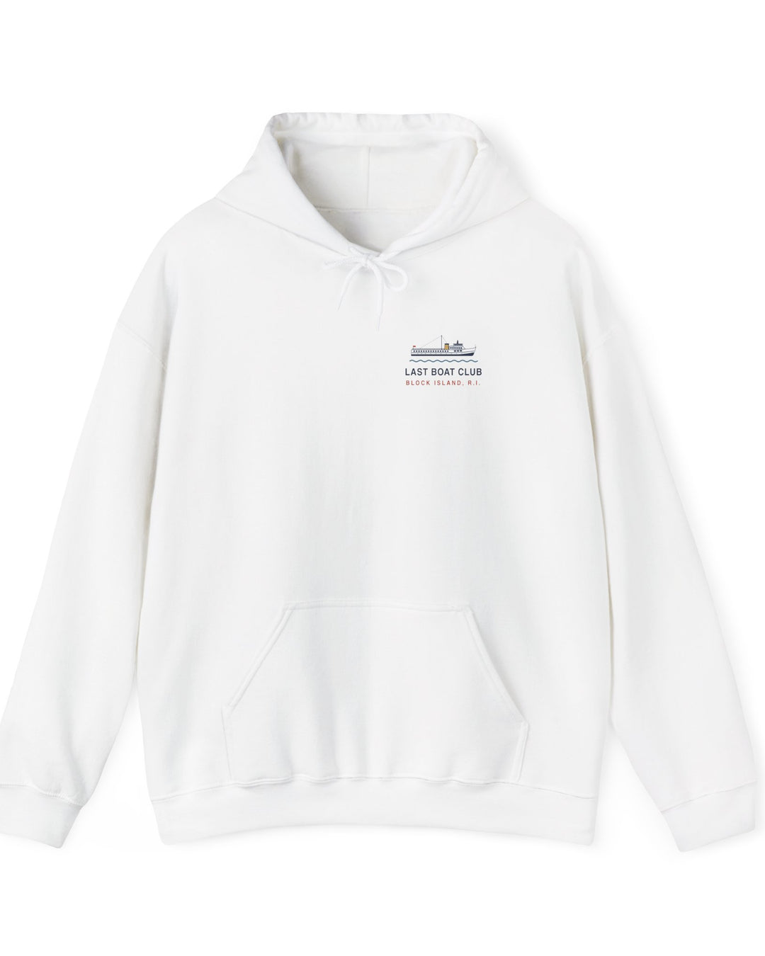 Last Boat Club hoodie: M/V BLOCK ISLAND ferry against a striped sunset, Block Island R.I.