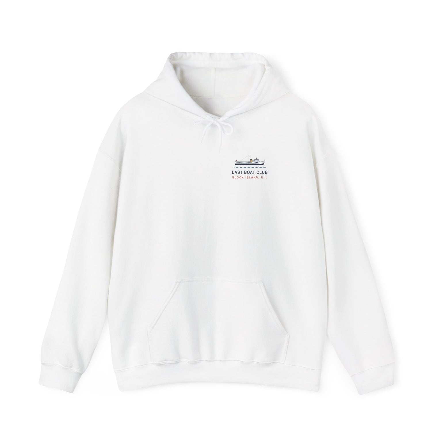 Last Boat Club hoodie: M/V BLOCK ISLAND ferry against a striped sunset, Block Island R.I.