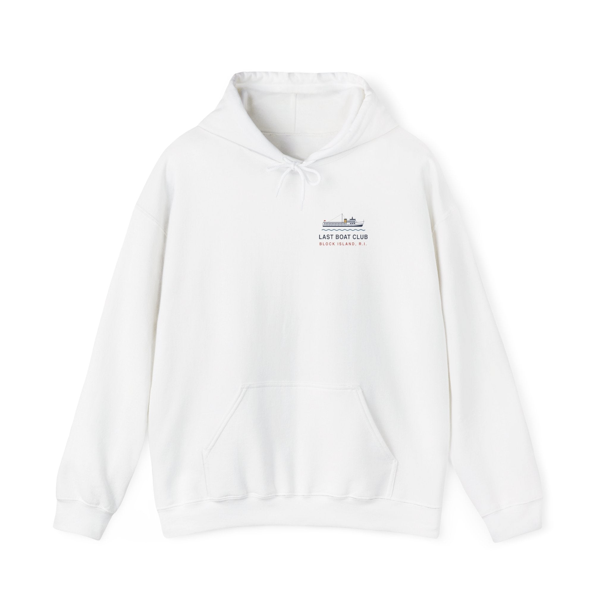 Last Boat Club hoodie: M/V BLOCK ISLAND ferry against a striped sunset, Block Island R.I.