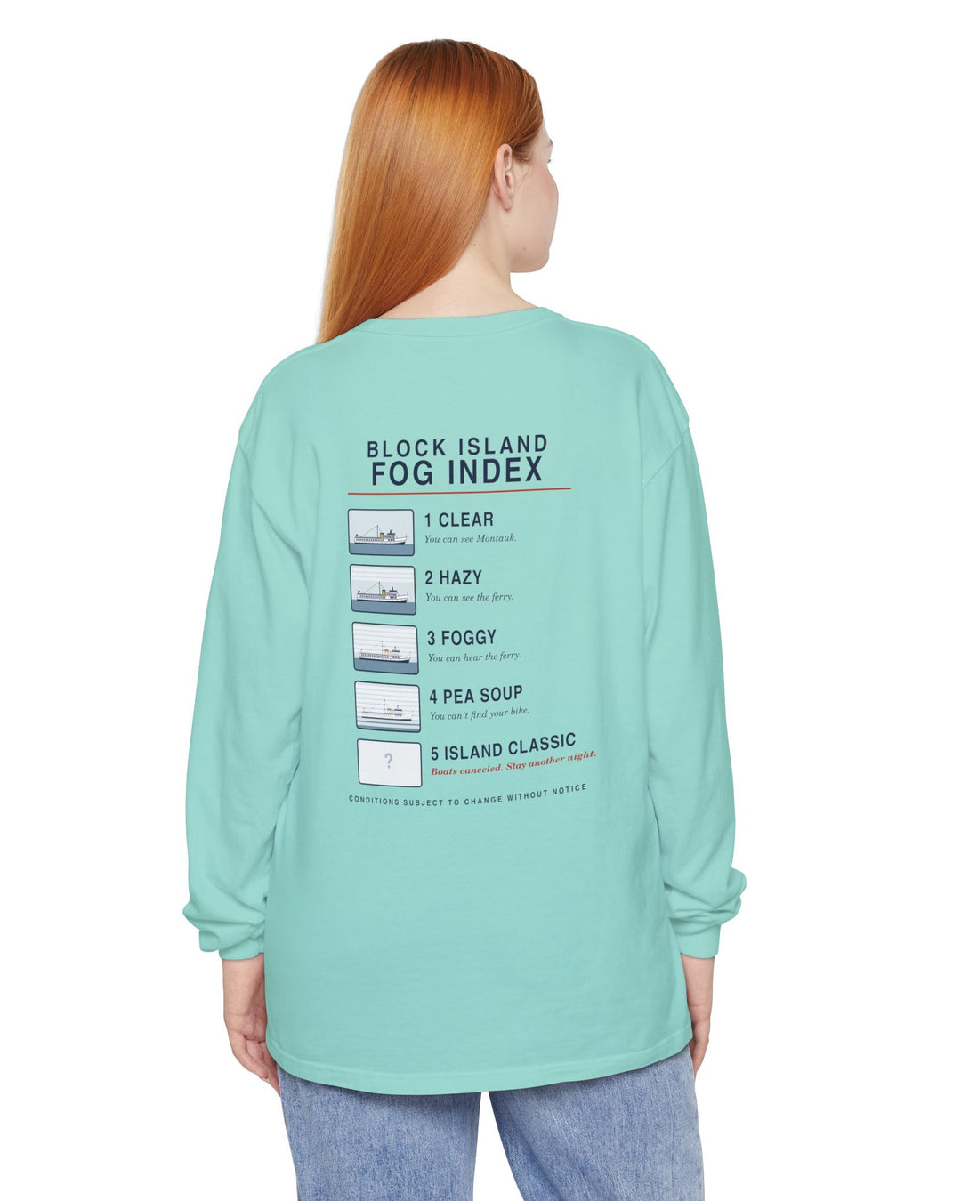 Block Island Fog Index long sleeve: five fog levels from Clear to Island Classic with ferry illustrations — view 21