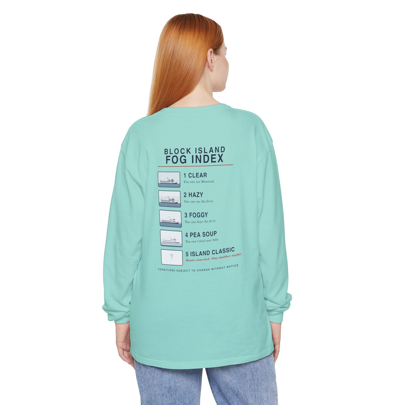Block Island Fog Index long sleeve: five fog levels from Clear to Island Classic with ferry illustrations — view 21