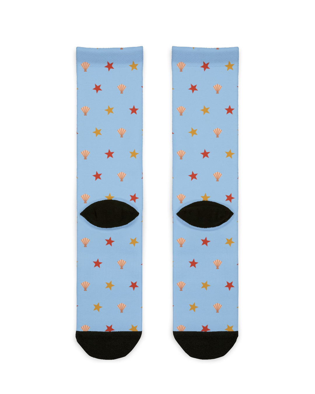 Back of light blue Beachcomber starfish socks showing black heels, Rhode Island socks flat lay
