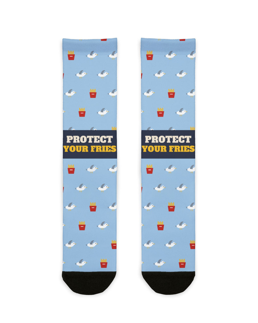 BlockBoundRI Protect Your Fries funny beach socks, light blue with seagulls, red fry cartons and black toes, front flat lay