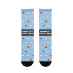 BlockBoundRI Protect Your Fries funny beach socks, light blue with seagulls, red fry cartons and black toes, front flat lay
