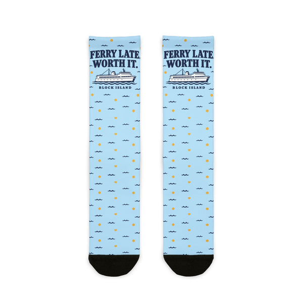 Ferry Late. Worth It. socks laid flat, showing the full ferry print