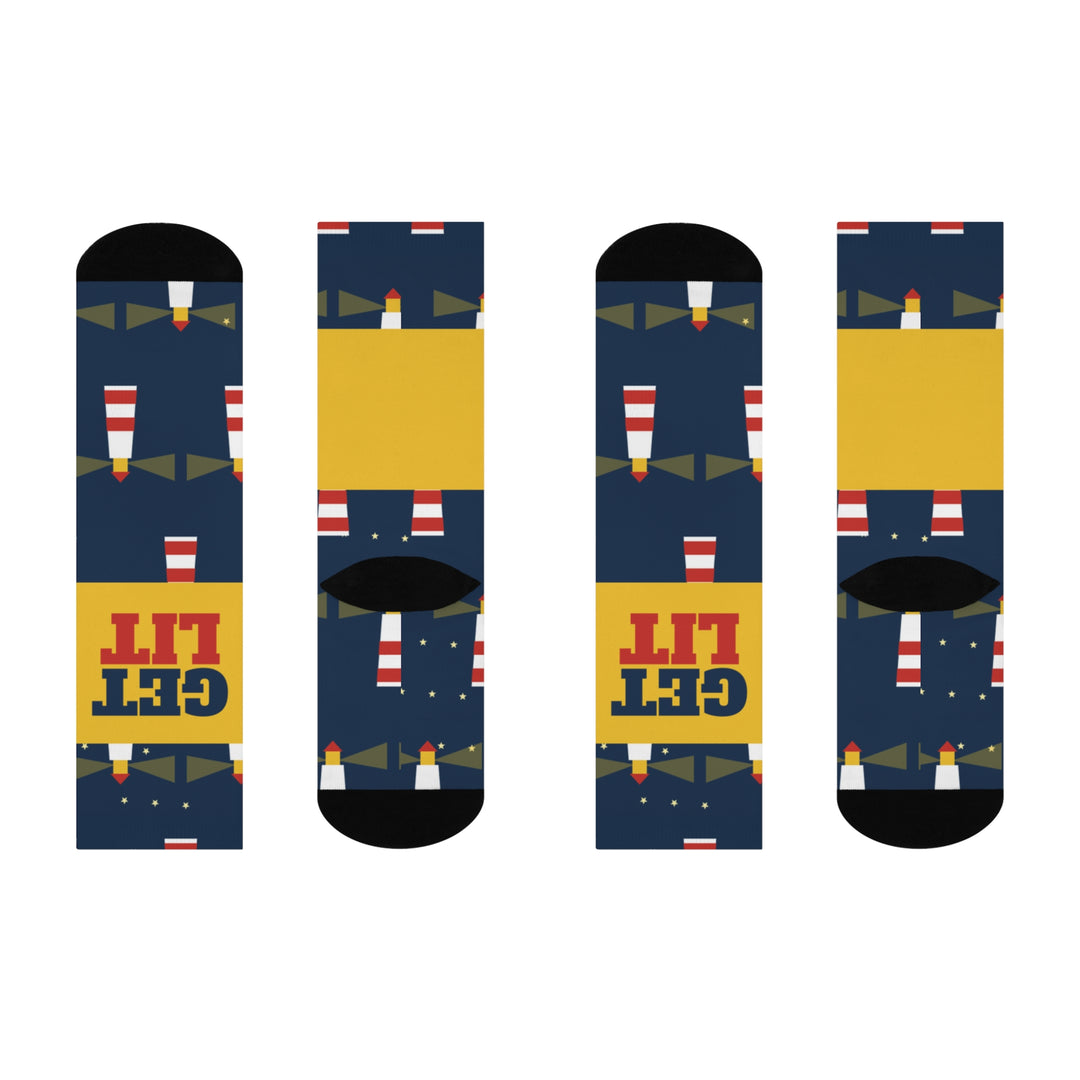 Flat lay of both Get Lit nautical crew socks front and back, navy with lighthouses and a yellow GET LIT band
