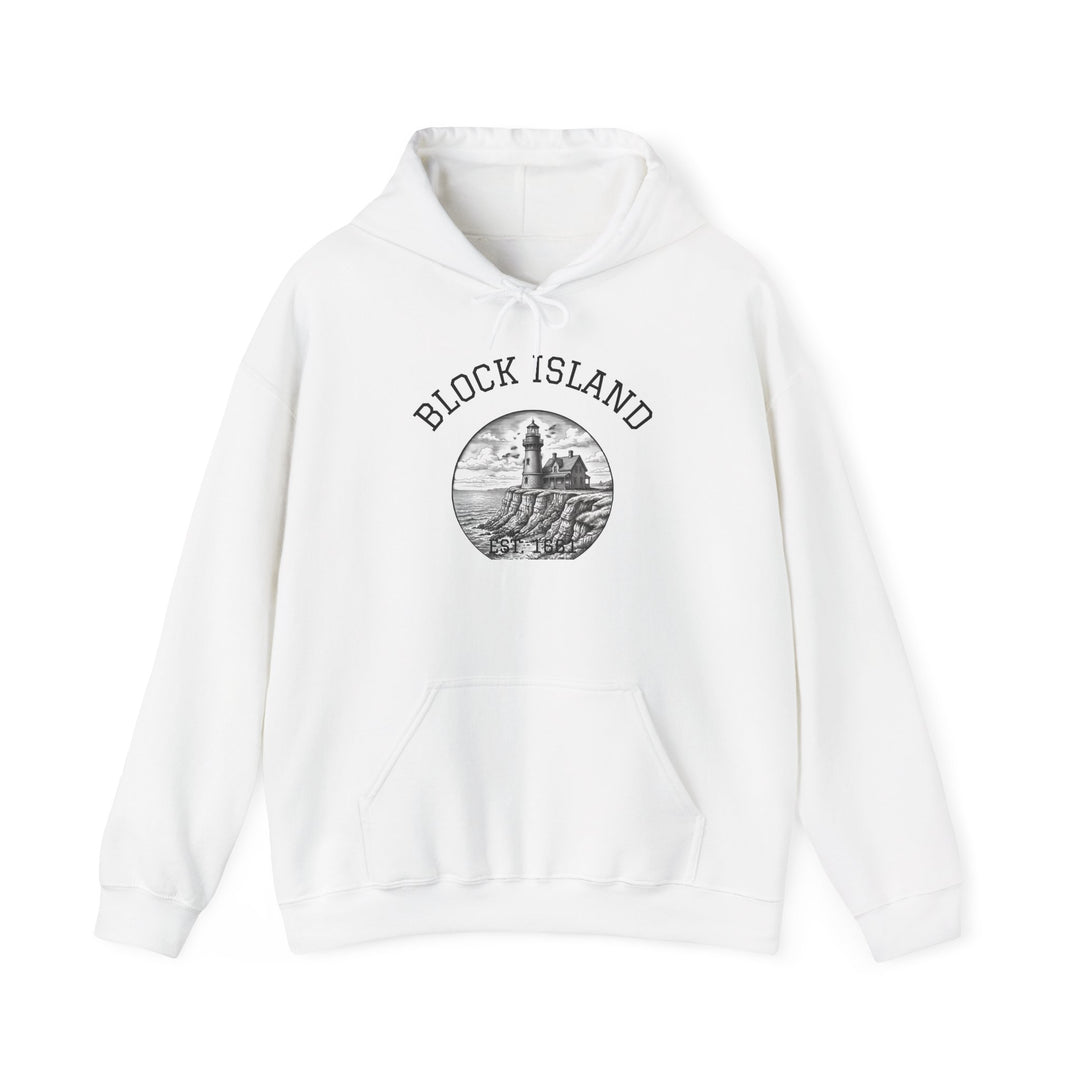 Southeast Light Hoodie, Block Island Lighthouse in White, BlockBoundRI