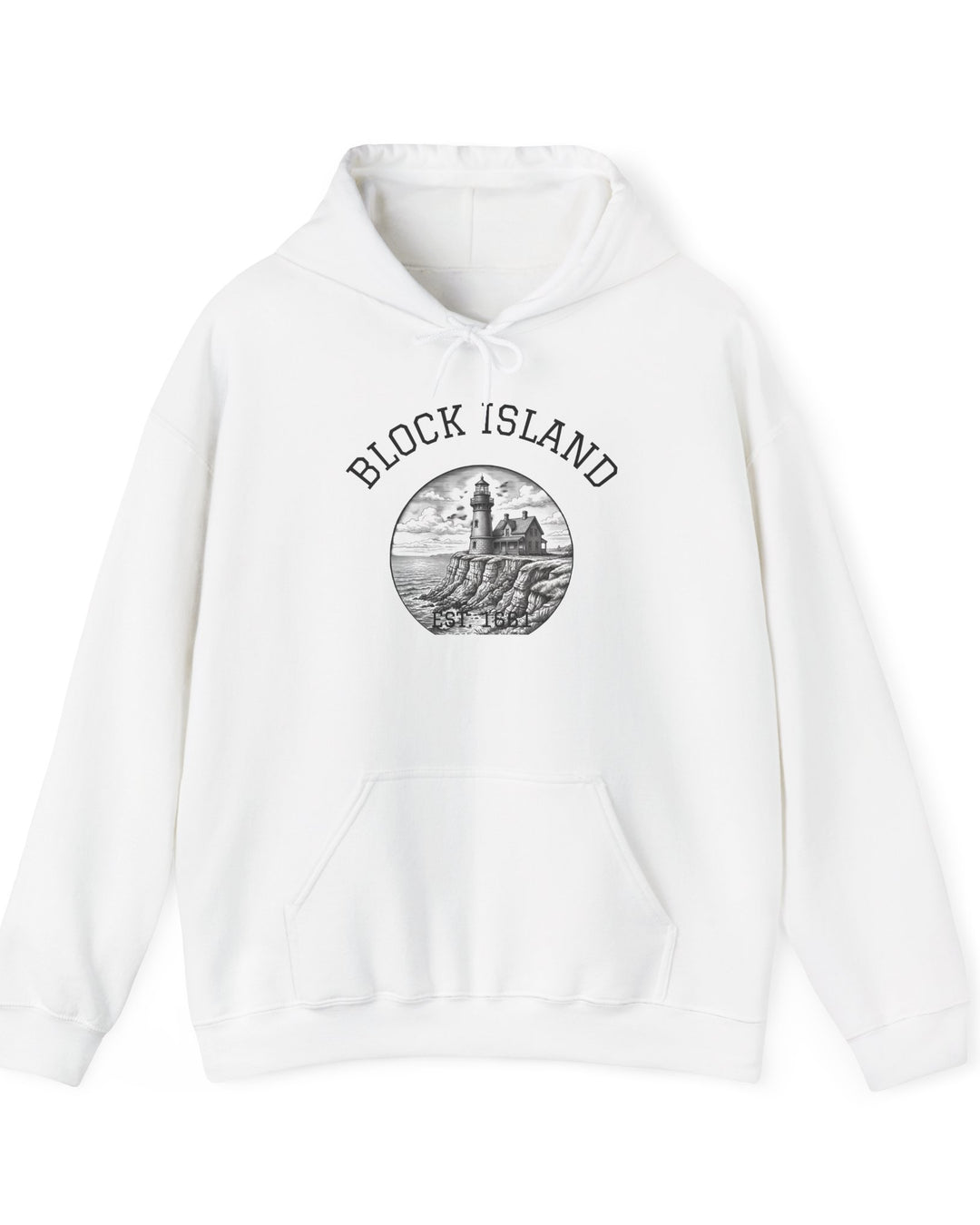Southeast Light Hoodie, Block Island Lighthouse in White, BlockBoundRI