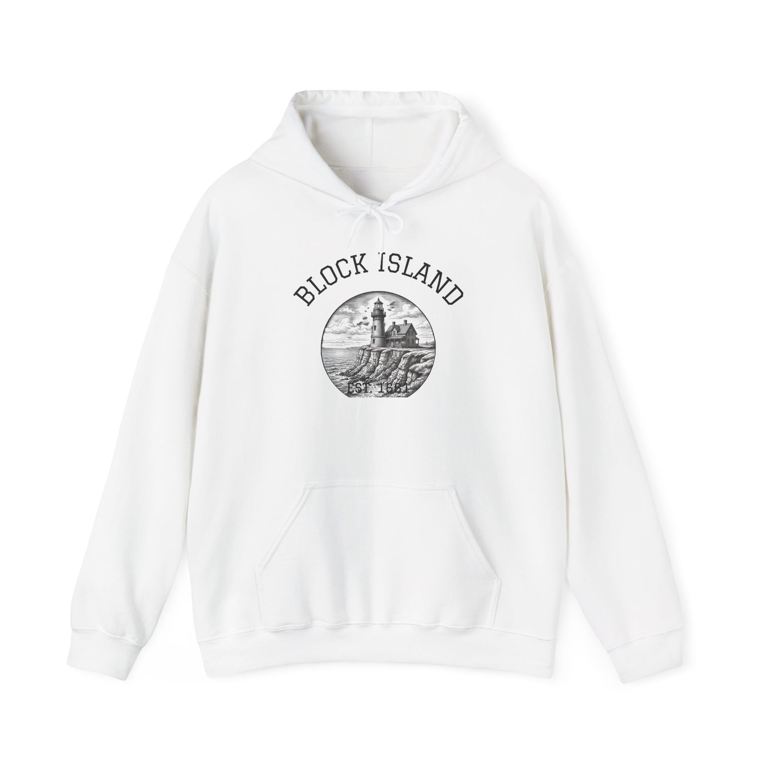 Southeast Light Hoodie, Block Island Lighthouse in White, BlockBoundRI