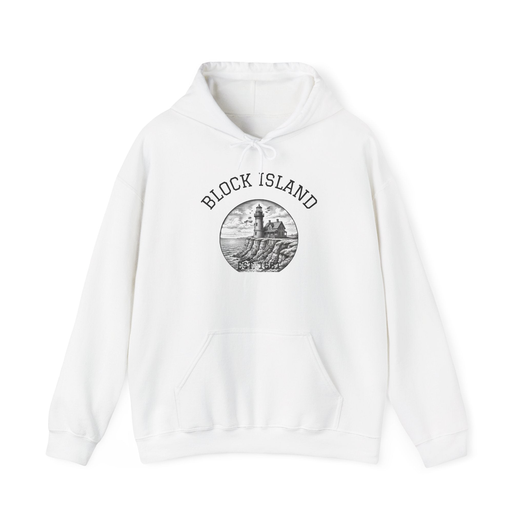 Southeast Light Hoodie, Block Island Lighthouse in White, BlockBoundRI