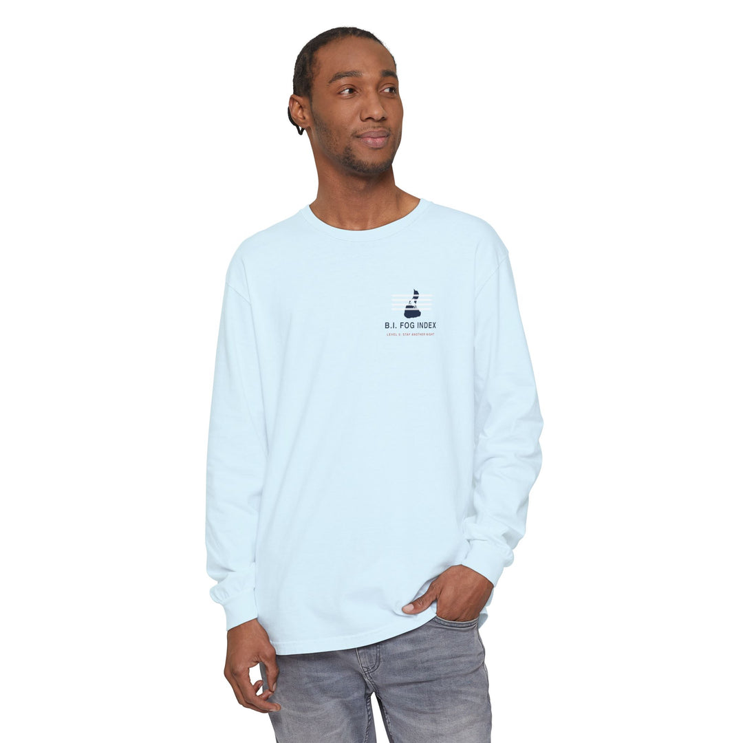 Block Island Fog Index long sleeve: five fog levels from Clear to Island Classic with ferry illustrations — view 24