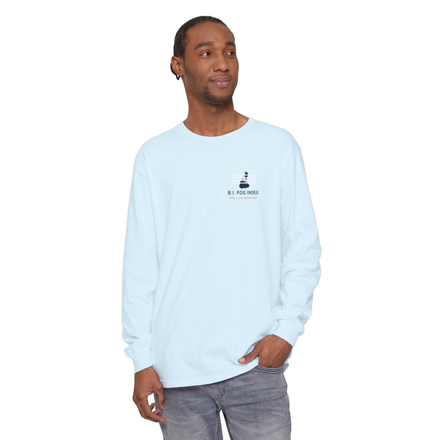 Block Island Fog Index long sleeve: five fog levels from Clear to Island Classic with ferry illustrations — view 24