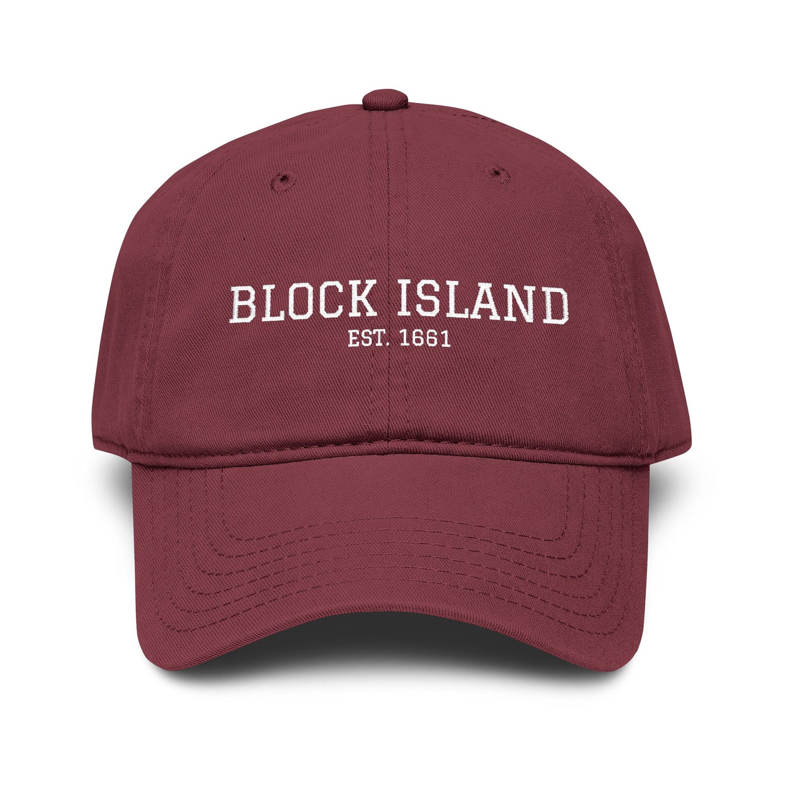 Block Island Est. 1661 Embroidered Dad Hat in Maroon, BlockBoundRI