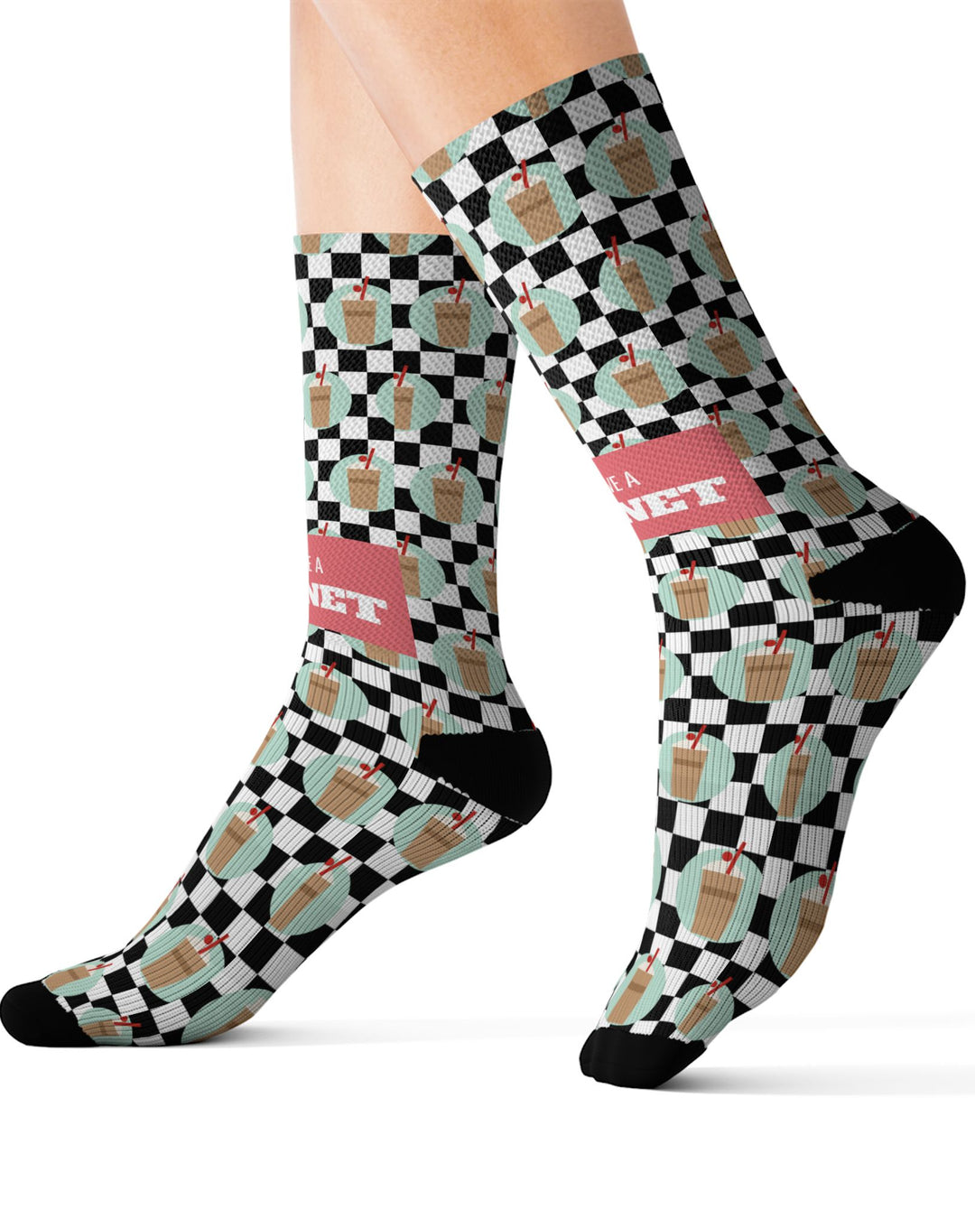Size M I'll Have a Cabinet Rhode Island socks on leg forms, side view of the checkered pattern and black heels and toes