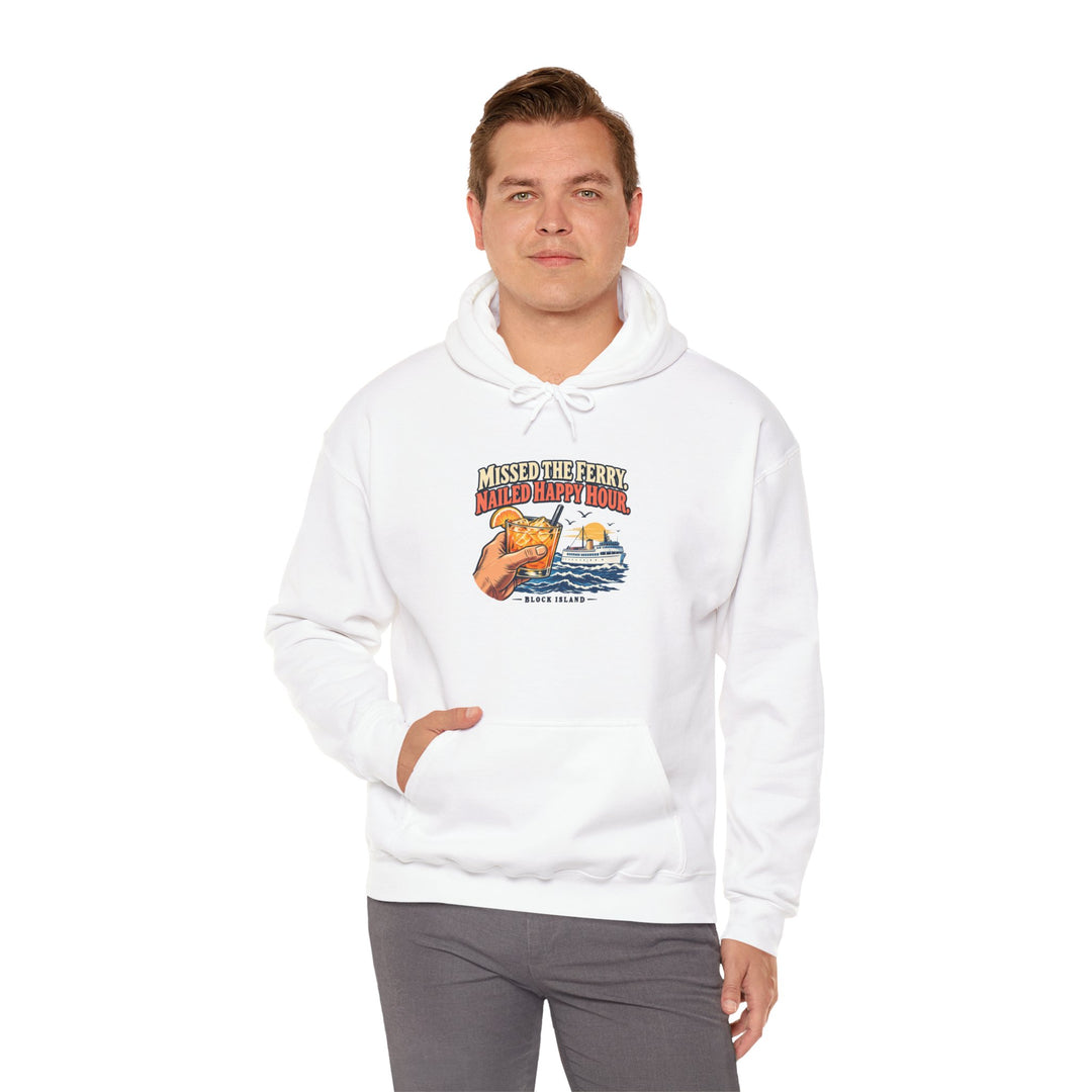 Man in gray pants wearing the white Rhode Island hoodie with the Missed the Ferry. Nailed Happy Hour. graphic