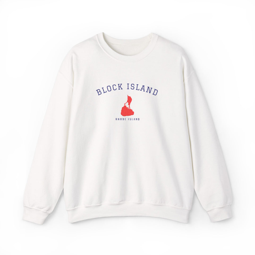 Crewneck sweatshirt with BLOCK ISLAND embroidered in arched varsity letters over a stitched Block Island map and RHODE ISLAND