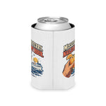 Side view of the white Block Island can cooler on a silver can, with the print wrapping toward the seam