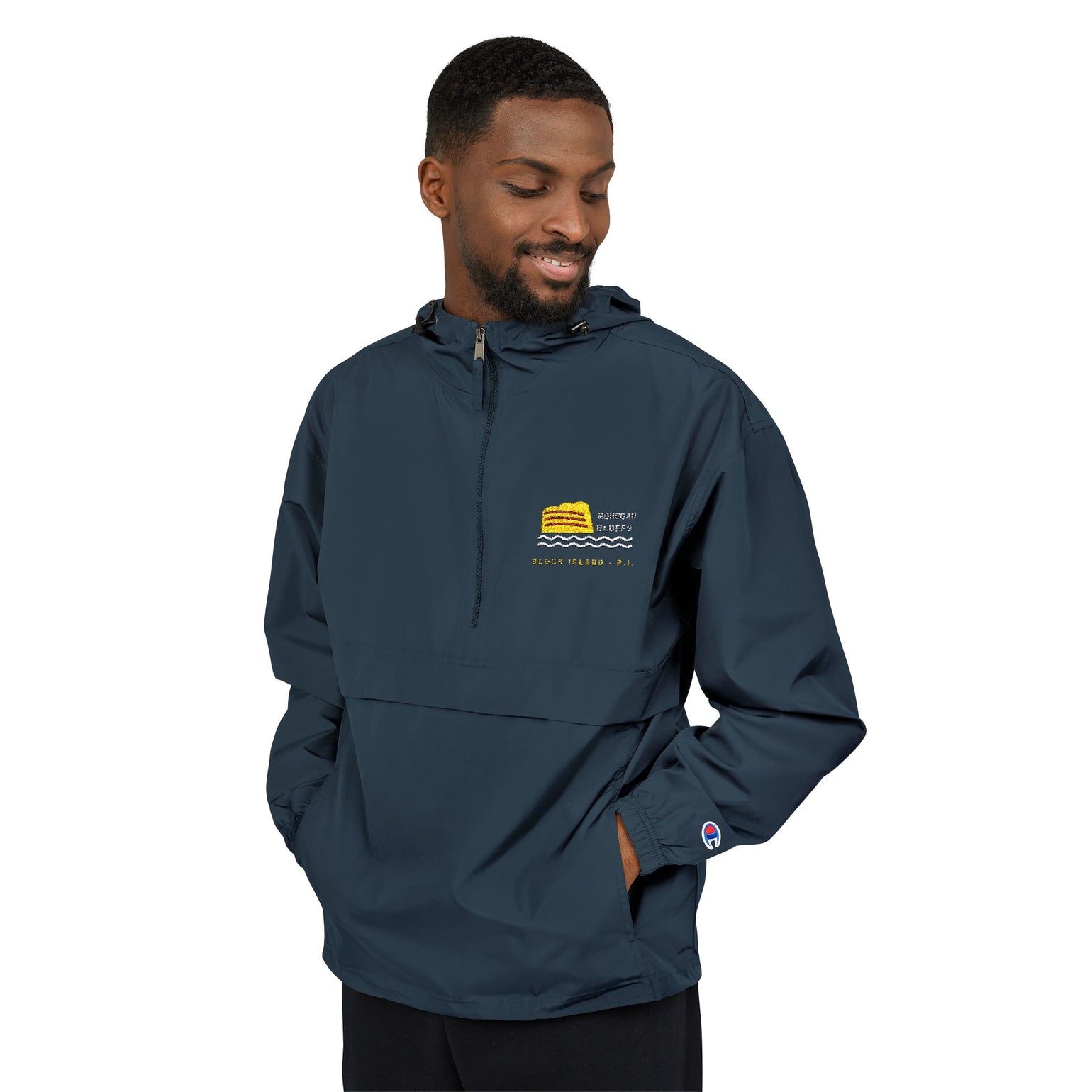 Champion packable anorak with embroidered Mohegan Bluffs cliff and surf mark on the left chest — view 14