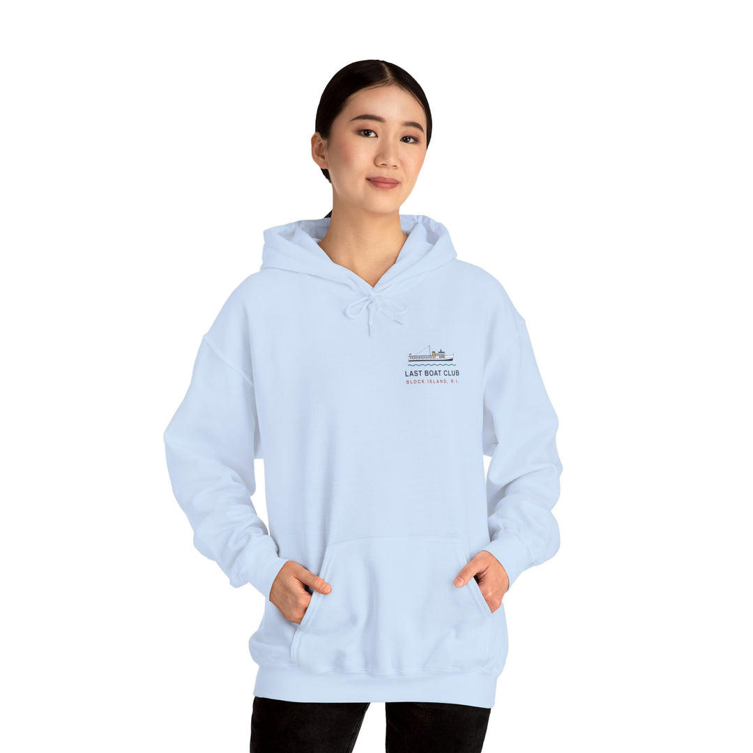 Last Boat Club hoodie: M/V BLOCK ISLAND ferry against a striped sunset, Block Island R.I. — view 50