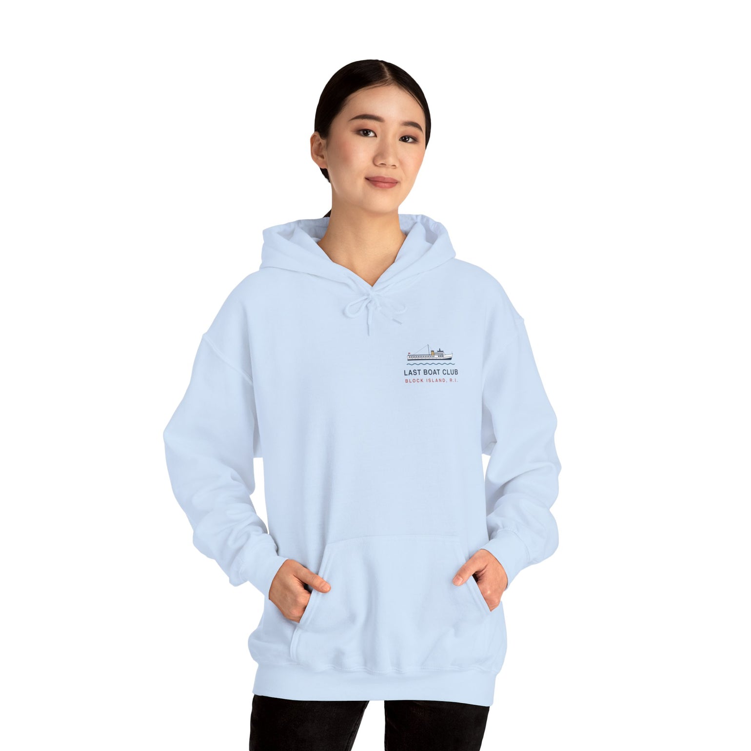 Last Boat Club hoodie: M/V BLOCK ISLAND ferry against a striped sunset, Block Island R.I. — view 50