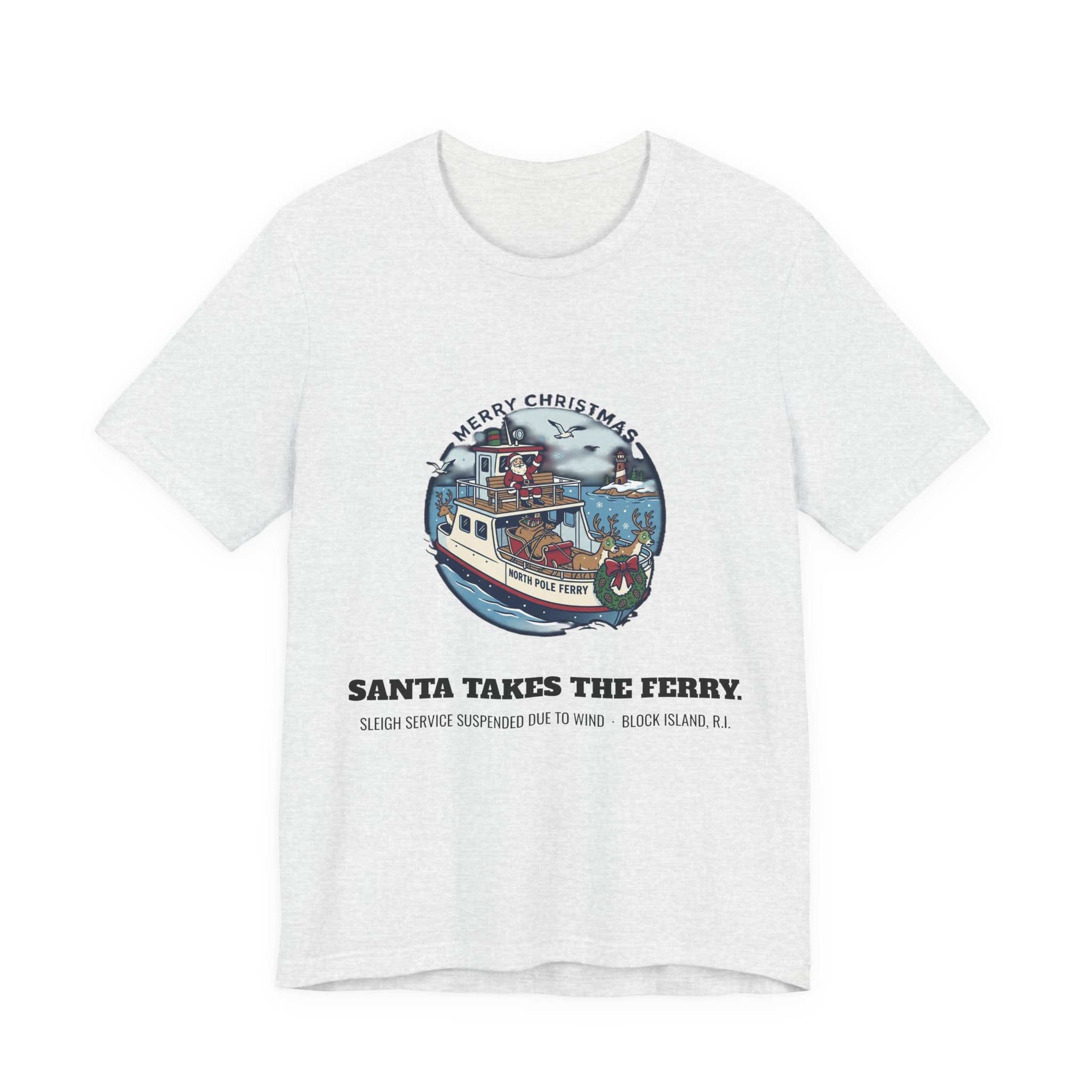 Santa Takes the Ferry Block Island Christmas T-Shirt in Ash, BlockBoundRI