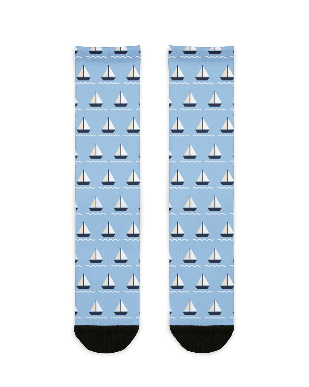BlockBoundRI Sailboat Regatta socks flat lay, light blue nautical crew socks with rows of white sailboats