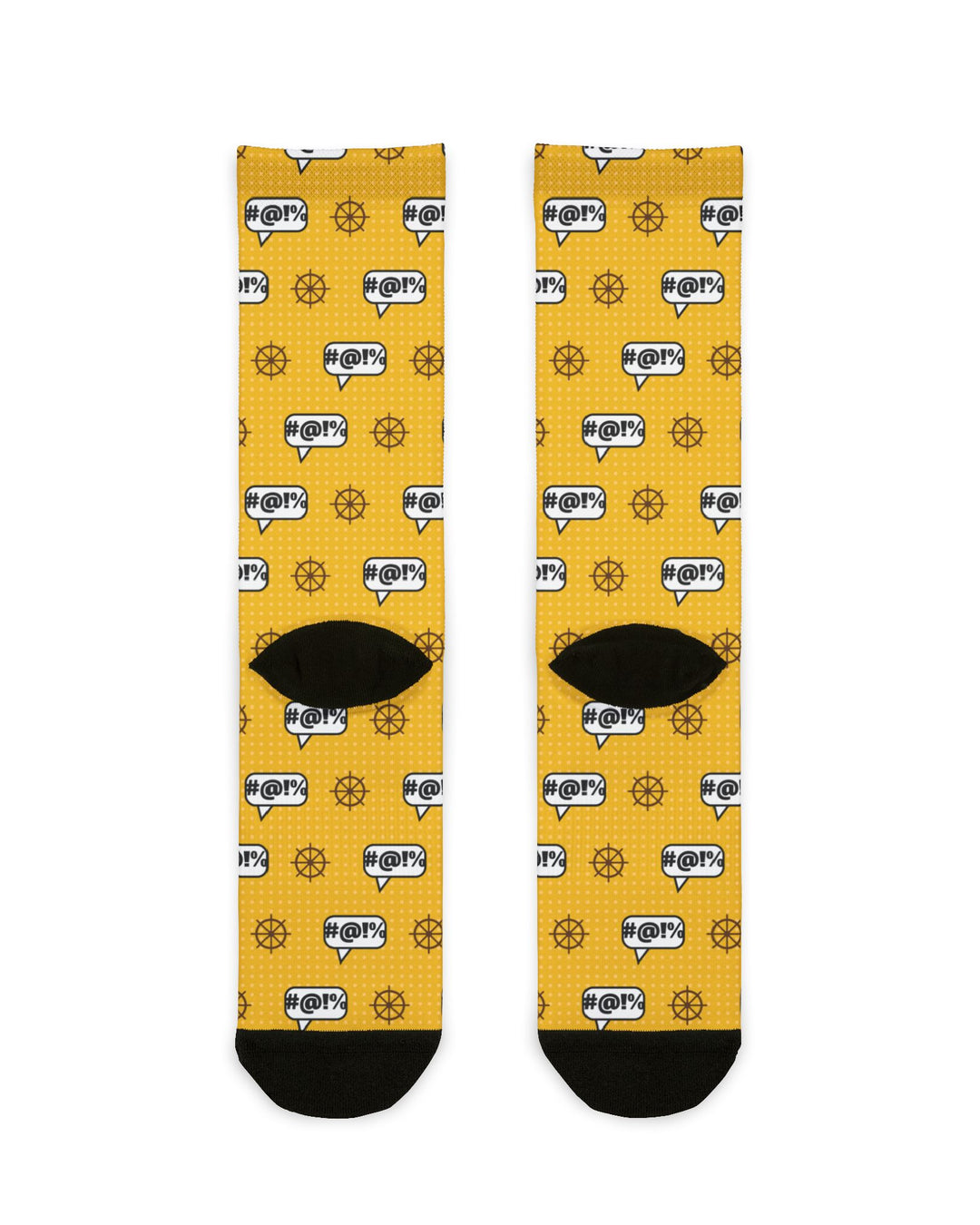 Back of the yellow Swear Like a Sailor nautical crew socks laid flat, showing ship wheel print and black heels