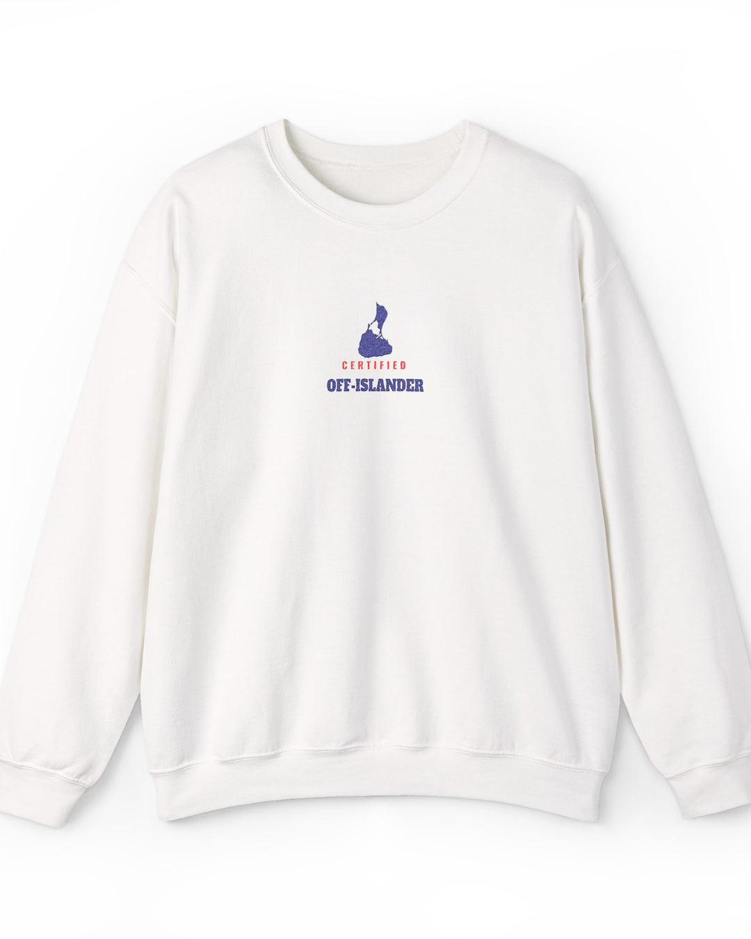 Certified Off-Islander embroidered Block Island crewneck sweatshirt in White - BlockBoundRI