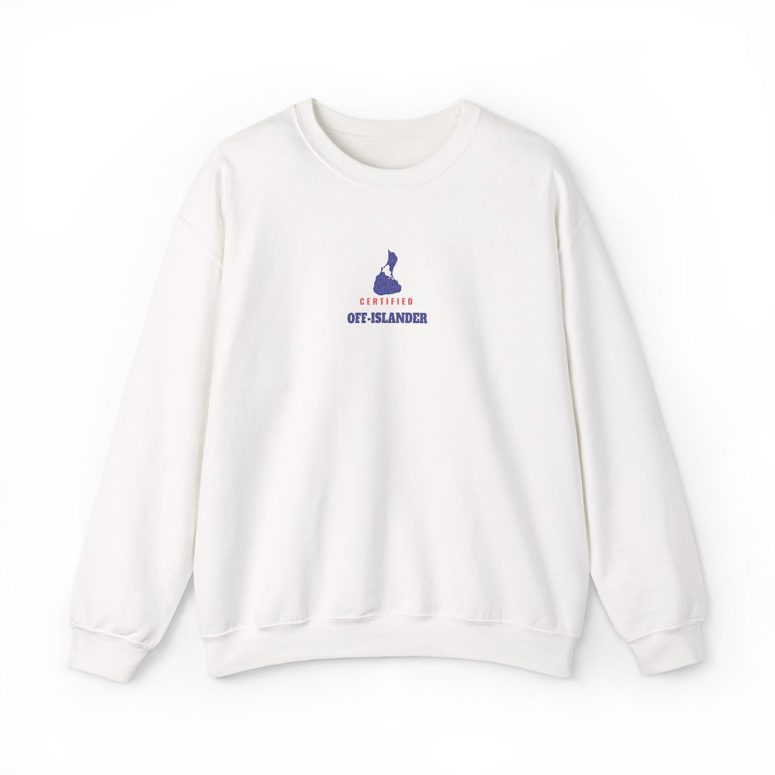 Certified Off-Islander embroidered Block Island crewneck sweatshirt in White - BlockBoundRI