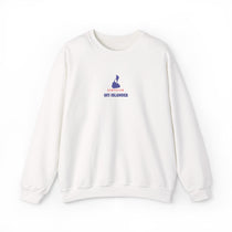 BlockBoundRI white Block Island crewneck with small embroidered island map and Certified Off-Islander text, front view