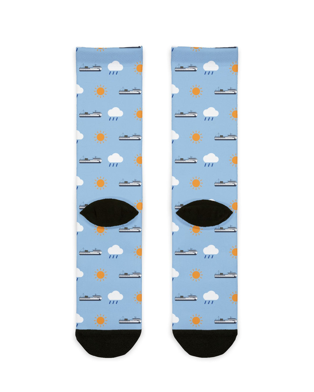 Back flat lay of light blue ferry crew socks with cloud and sun print, black heels and black toes