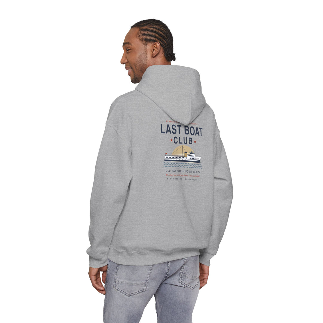 Last Boat Club hoodie: M/V BLOCK ISLAND ferry against a striped sunset, Block Island R.I. — view 43