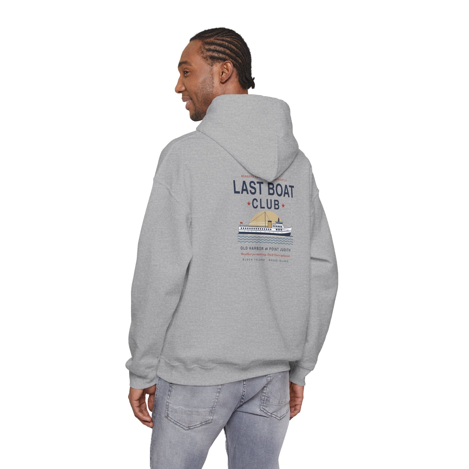 Last Boat Club hoodie: M/V BLOCK ISLAND ferry against a striped sunset, Block Island R.I. — view 43