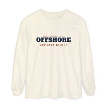 BlockBoundRI ivory Block Island long sleeve shirt, front view with navy Offshore and red And Okay With It print
